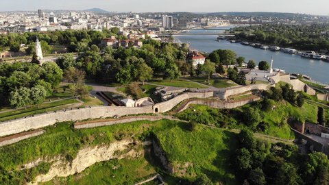 Aerial view of Kalemegdan fortress and Belgrade city skyline, drone video