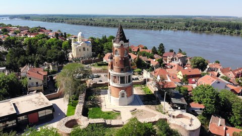 Aerial view of Gordos tower in Zemun, an important landmark of Belgrade, Serbia