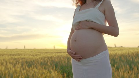Pregnant woman touching gently her tummy while standing by the in field on sunset.