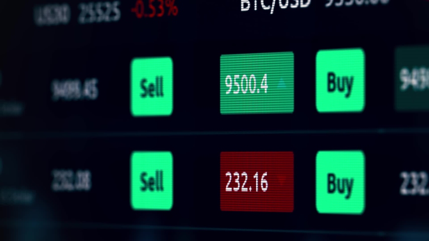 Stock market and exchange data of price at market wall. Change and volume. Financial indexes change up and down over time. Concept of cryptocurrency and bitcoin BTC crypto trading | Shutterstock HD Video #1054107965