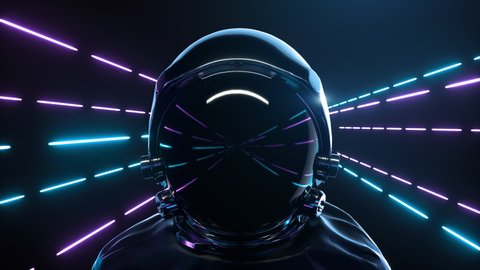 Astronaut With neon laser Lights In dark space. Retrowave style. Seamless Loop background 3d animation