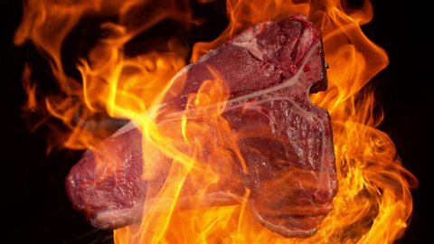 Super Slow Motion Footage of Premium T-bone Meat in Fire at 1000fps.