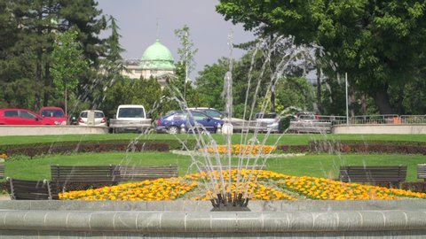 outdoor Andricev Venac park, a small decorated park with fountains in central Belgrade, Serbia