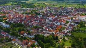 Aeriel view of the city Sulzbach am Main in Germany on a cloudy day in spring.