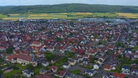 Aeriel view of the city Groswallstadt in Germany on sunny day in spring. During the coronavirus lockdown.