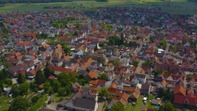 Aeriel view of the city Elsenfeld in Germany on sunny day in spring. During the coronavirus lockdown.