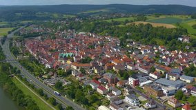 Aeriel view of the city Obernburg in Germany on a cloudy day in spring. During the coronavirus lockdown.