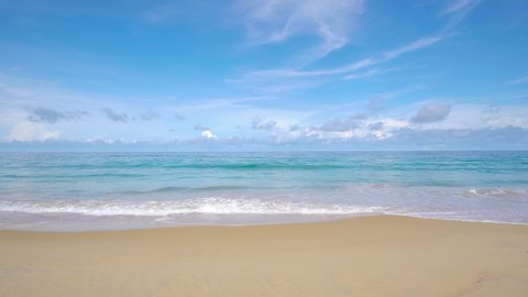 Phuket beach sea Thailand. Landscapes view of beach sea sand and sky in summer day. Beach sea space area. At Karon Beach, Phuket, Thailand. On 9 May 2020