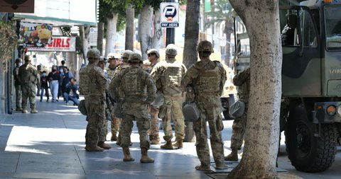 Hollywood, CA/USA - June 4, 2020: ARMY National Guard troops on the Hollywood Walk of Fame after Black Lives Matter protests turned violent and caused looting
