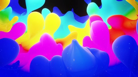 Smooth abstract animation of liquid gradient rainbow color in 4k. Bright matte paint surface as abstract looped festive background. Glitters on viscous liquid with 3d splashes on surface like drops.