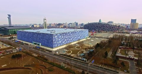 Beijing 2019 Summer establishing aerial shot of olympic park Bird's Nest and Aquatic center China