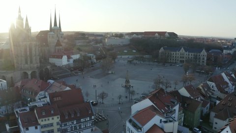 Aerial Drone flight over Erfurt with Cathedral and the church Severi Kirche