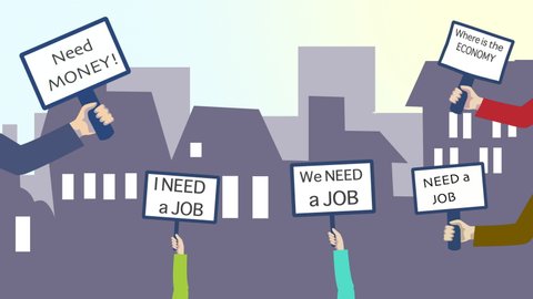 Economic crisis. 2d animation showing a crowd of people protesting as they don't have work and money.