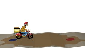Moto delivery service. A man in helmet drives a motocycle on the map, delivering food or other goods from one point to another.