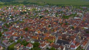 Aeriel view of the city Thungersheim am Main in Germany on a sunny day in spring. During the coronavirus lockdown.