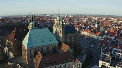 Aerial Drone flight over Erfurt with Cathedral and the church Severi kirche