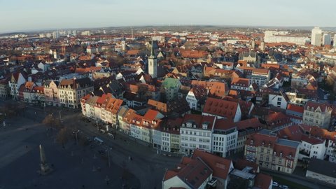 Aerial Drone flight over Erfurt with Cathedral and the church Severi kirche