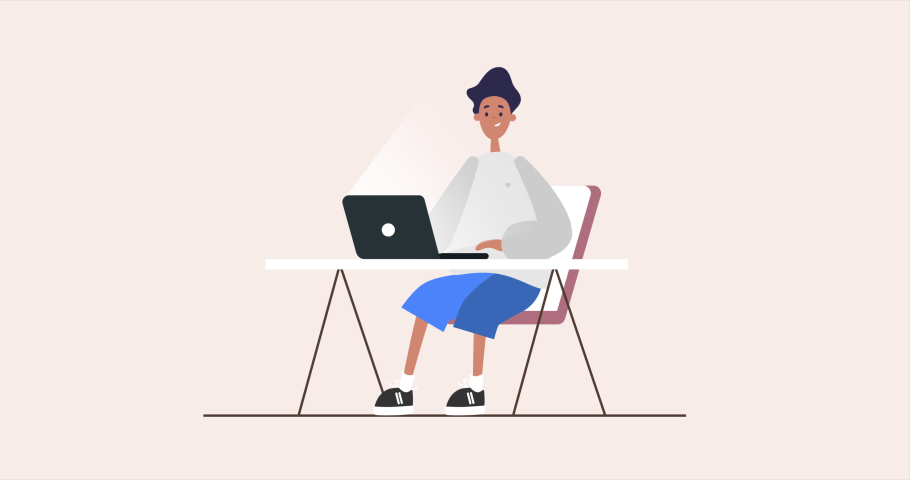 Man, guy is working on laptop, computer at the table.  Freelancer works online, remotely. 2d flat animation loop, video clip Royalty-Free Stock Footage #1054147685