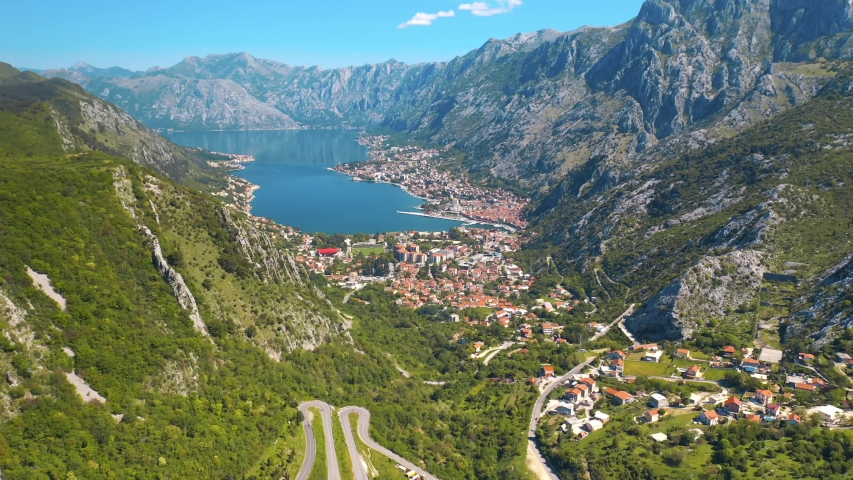 Kotor, Montenegro, Boka Kotorska. Aerial panoramic view of the Bay of Kotor, surrounded by magnificent mountains. The bay of the Adriatic Sea