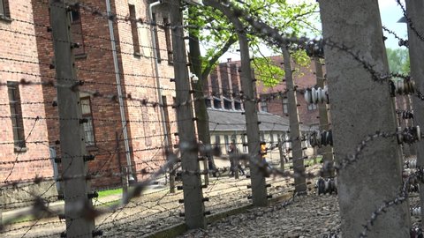 AUSCHWITZ - BIRKENAU, POLAND -  May 8, 2019 Barbed wire of the Auschwitz concentration camp.
