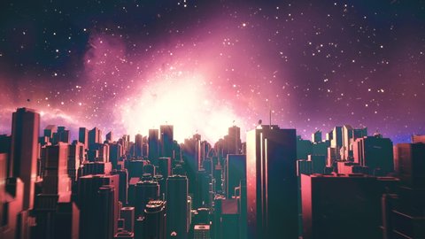 Retro futuristic city flythrough seamless loop. 80s sci-fi synthwave landscape in space with stars. Looping vaporwave stylized VJ 3D animation for EDM music video, videogame intro. 4K motion design