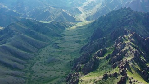 Aerial view of mountains landscape in Yol Valley, Mongolia, 4k