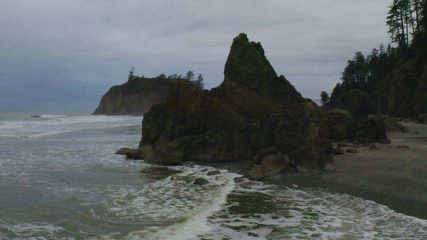 Cinematic aerial shot of scenic coastline at Ruby Beach in Washington