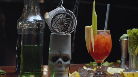 Close up shoot of ready-made bloody mary cocktail. Motion control system. Time remapping.