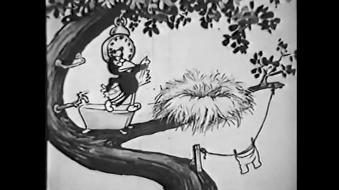 CIRCA 1922 - In this animated film, a bird takes a bath in a little tub by his nest.