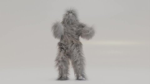 Hairy Monster Dancing clip isolated on the white background. fur bright funny fluffy character, fur, full hair, Chewbacca, snowman, 3d render. Sneaking out. 
