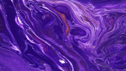 Fluid art painting video, trendy acryl texture with colorful waves. Liquid paint mixing artwork with splash and swirl. Detailed background motion with purple, white and golden overflowing colors
