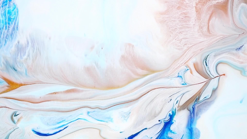 Fluid art drawing video, trendy acryl texture with flowing effect. Liquid paint mixing artwork with splash and swirl. Detailed background motion with golden, white and azure overflowing colors Royalty-Free Stock Footage #1054170500