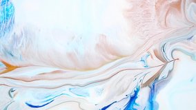 Fluid art drawing video, trendy acryl texture with flowing effect. Liquid paint mixing artwork with splash and swirl. Detailed background motion with golden, white and azure overflowing colors
