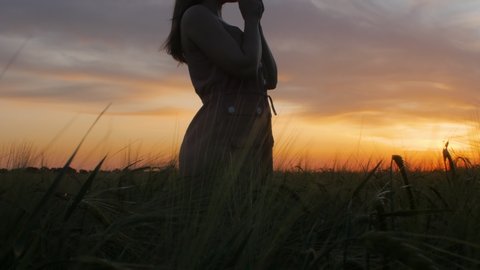 silhouette of young woman figure praying to God at sunset in field, figure girl folded her hands under chin , concept of religion, gratitude
