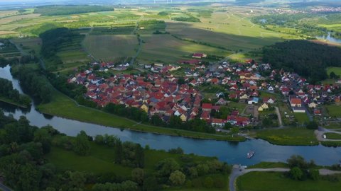 Aeriel view of the village Fahr  in Germany on sunny day in spring. During the coronavirus lockdown.