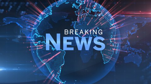 Animation of the words Breaking News written in blue and white with blue glowing digital globe with red flashes of light rotating on blue and red glowing background.