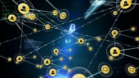 Animation of network of connections and icons moving over digital data processing and scrolling on black background. Digital network of global connections networking business concept. - Powered by Shutterstock - Get 15% off with code: PIKWIZARD15