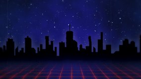 Animation of the words You Win! written in red capital letters on blue and red diamond shapes over a moving red grid with a silhouetted cityscape and dark blue starry night sky background