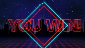 Animation of the words You Win! written in red capital letters on blue and red diamond shapes over a moving red grid with a silhouetted cityscape and dark blue starry night sky background - Powered by Shutterstock - Get 15% off with code: PIKWIZARD15