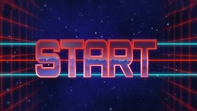 Animation of the word Start written in red capital letters filled with lilac and blue on blue and red horizontal lines over a moving red grid with a dark blue starry night sky background - Powered by Shutterstock - Get 15% off with code: PIKWIZARD15