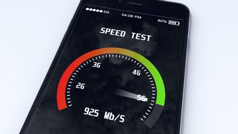 5g technology concept with speed test mobile application running on the smartphone. Comparison of the different generations of the cellular networks. Fifth generation connection shows very high speed.