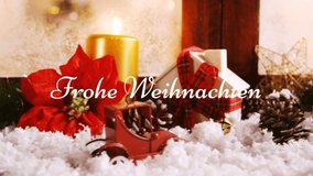 Animation of the words Frohe Weihnachten written in white with Christmas decorations in the background - Powered by Shutterstock - Get 15% off with code: PIKWIZARD15