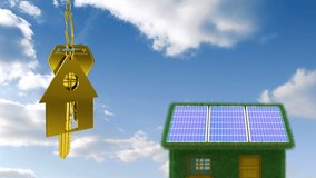 Animation of golden house keys and house shaped key fob hanging over a green house with solar panels and blue sky with clouds in the background - Powered by Shutterstock - Get 15% off with code: PIKWIZARD15