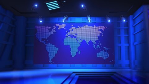 3D Virtual TV Studio News, News Studio, Light Blue colored rotating globe in background window for News best TV Program seamless loopable