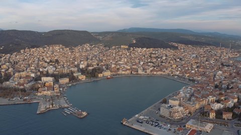 Scenic View At Mytilene City With Different Houses And Buildings Surrounded By The Calm Blue Sea In Lesvos Island, Greece. - aerial drone shot