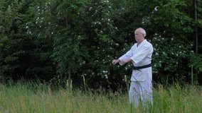 With a black belt, an old athlete performs karate formal exercises against the backdrop of nature