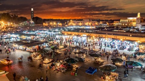 Time lapse of Jamaa el Fna (Jemaa el-Fnaa) in the evening. Marrakesh, Morocco