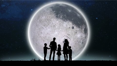 A Silhouette of a Family Watching on the Slowly Spinning Moon Around of the Earth. Slowly Spinning Moon on Sky Up. Flight Into the Infinite Universe. The Travel of Satellite of Earth.