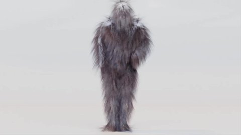 Hairy Monster Dancing clip isolated on the white background. fur bright funny fluffy character, fur, full hair, snowman, 3d render. Sneaking out. 