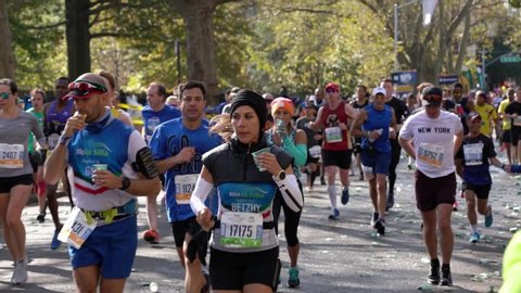 Brooklyn, New York/USA - November 3. 2019: Marathon runners exhausted Slowmotion